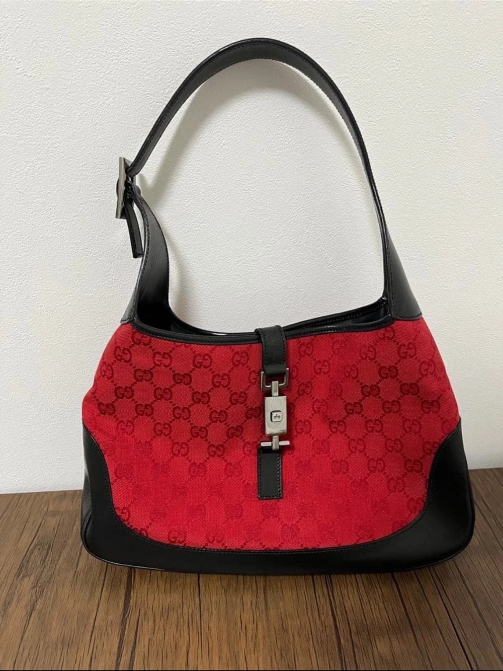 Gucci Red Monogram Shoulder Bag with Black Trim
